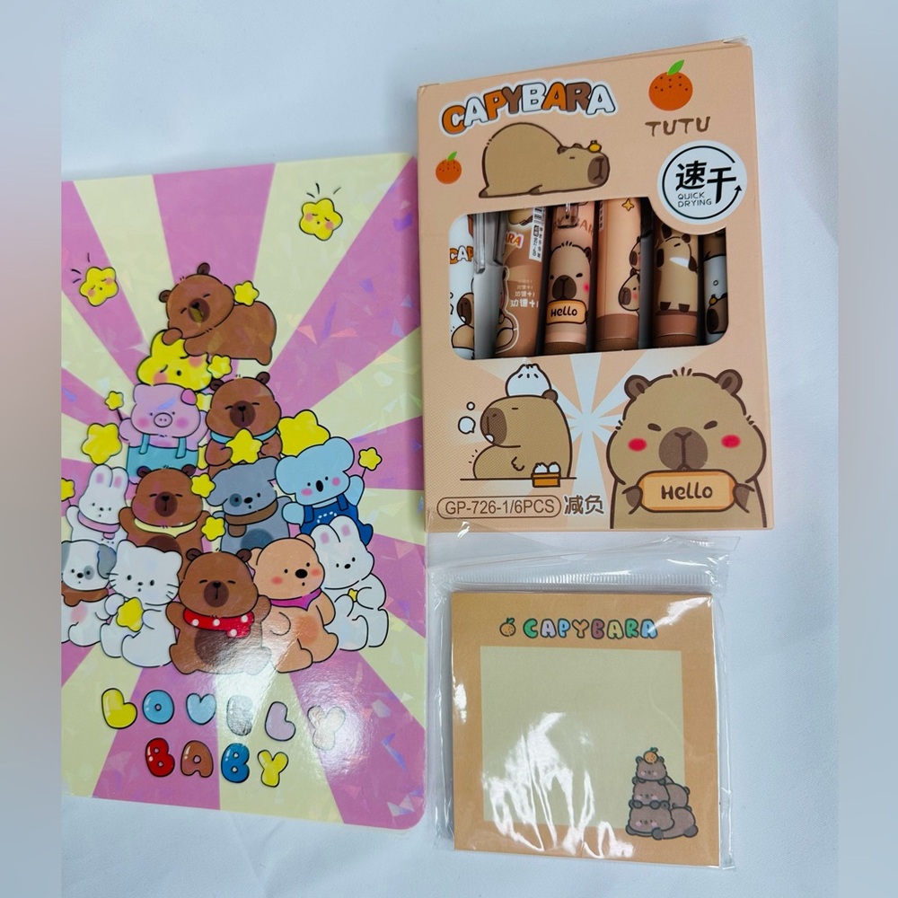 Capybara Bear Stationery Set with Notebook and Pens & Post it Notes - Picture 3 of 6